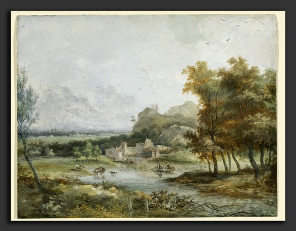 Louis Gabriel Moreau the Elder (French, 1739 - 1806), Italian Landscape with a Boating Party,