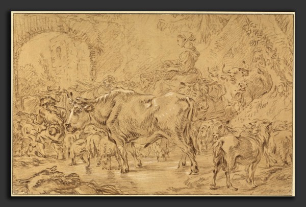 FranÃ§ois Boucher, Return to the Fold, French, 1703 - 1770, brown and black chalk heightened with