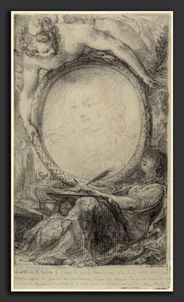 Gabriel Jacques de Saint-Aubin, Allegorical Frame with a Genius and a Veiled Woman Writing, French,