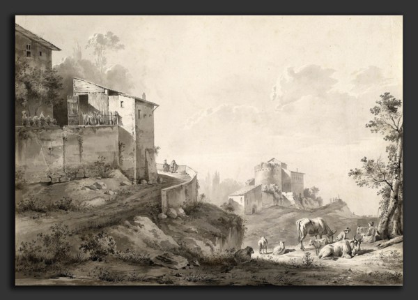 Jean-Jacques de Boissieu, A Sunlit Landscape with Hilltop Houses, French, 1736 - 1810, c. 1782,