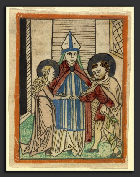 German 15th Century, The Marriage of the Virgin, 1480-1490, woodcut, hand-colored in red lake,