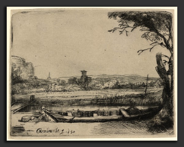 Rembrandt van Rijn, Canal with a Large Boat and Bridge, Dutch, 1606 - 1669, 1650, etching and