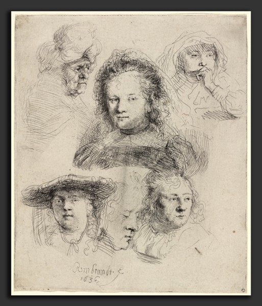Rembrandt van Rijn, Studies of the Head of Saskia and Others, Dutch, 1606 - 1669, 1636, etching