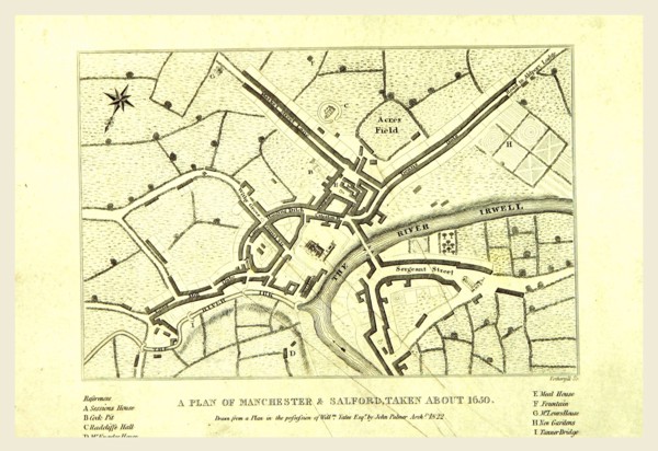 Map of Manchester  and Salford about 1650, UK