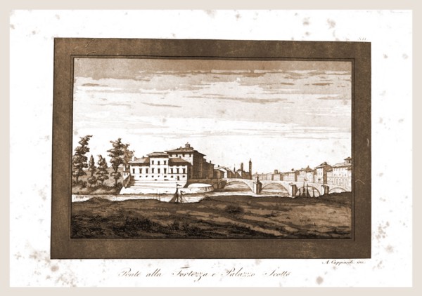 Pisa, acquerello da Angiolo Cappiardi, Ponte alla Fortezza e Palazzo Scotto