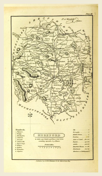 Hereford map, A Topographical Dictionary of the United Kingdom, UK, 19th century engraving