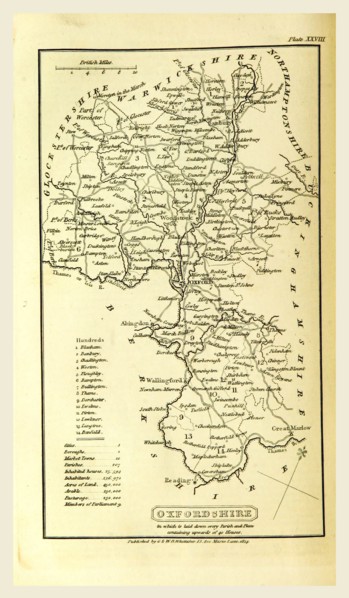 Oxfordshire, map, A Topographical Dictionary of the United Kingdom, 19th century engraving, UK