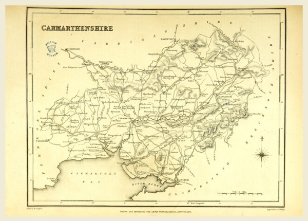 A Topographical Dictionary of Wales, Carmarthenshire, 19th century engraving, UK