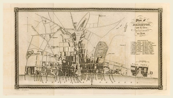 Map, The History of Brighton, with the latest improvements, to 1831, 19th century engraving, UK