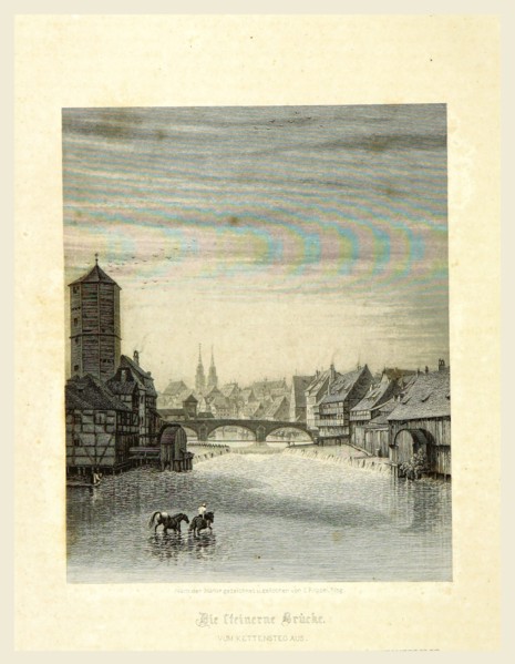 Steinerne Brucke, Steinerne Bridge, Nurnberg, Germany, 19th century engraving