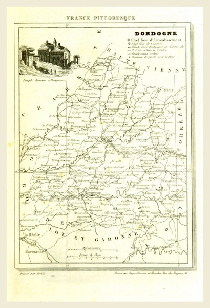 France pittoresque, map Dordogne, 19th century engraving