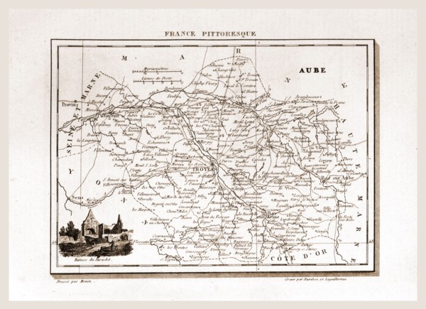 France pittoresque, map Aube, 19th century engraving