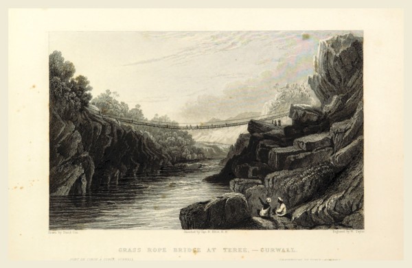 Grass rope bridge at Teree, Gurwall, Views in India,drawn by Prout, Stanfield, Cattermole, Purser,