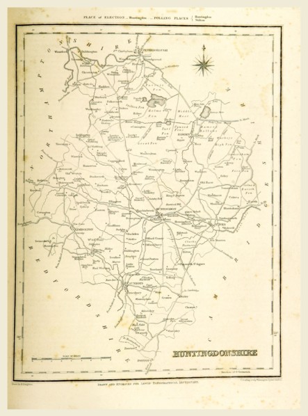 Map Huntingdonshire, 19th century engraving, UK