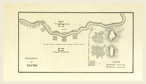 Battle of Testri  near Soissons, map, 19th century engraving