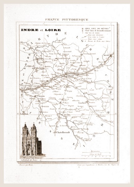 France pittoresque, map, Indre and Loire, 19th century engraving