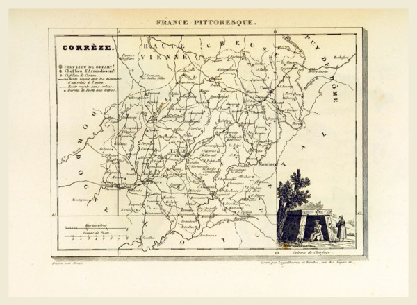 Map Correze, France pittoresque, 19th century engraving