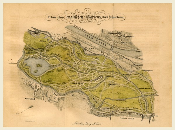Map of the English gardens in Munchen, Germany, Europe, 19th century engraving