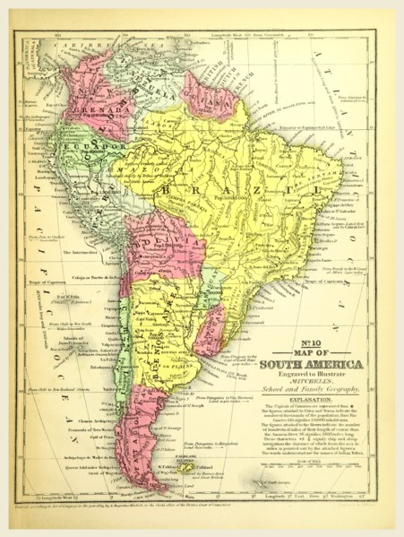 Map of South America, 19th century engraving, Mitchell's Atlas