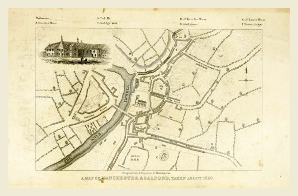 Map, Mancuniensis or an history of the town of Manchester and Salford, 19th century engraving