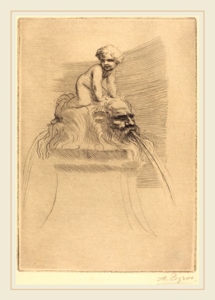 Alphonse Legros, Small Fountain, Child Playing on the Grotesques (Petite fontaine, enfant qui joue