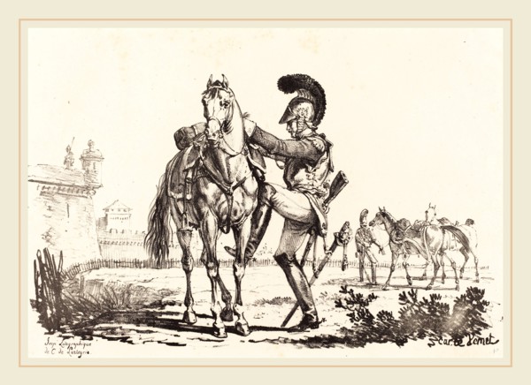 Carle Vernet (French, 1758-1836), Carabinier Mounting a Horse, lithograph