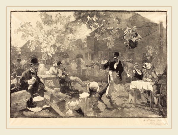 Auguste LepÃ¨re after Daniel Vierge (French, 1849-1918), Au coq des bruyeres, 1888, wood engraving