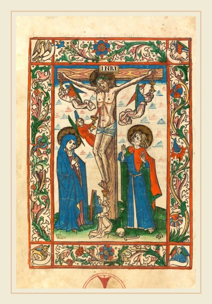 German 15th Century, Christ on the Cross with Angels, 1483, woodcut hand-colored with gouache,