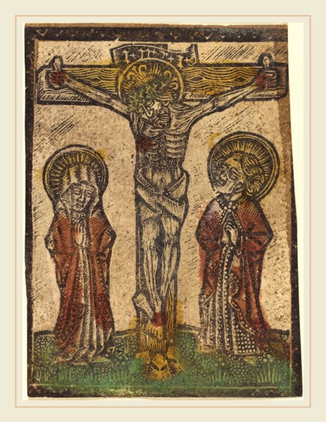 German 15th Century, Christ on the Cross, 1470-1480, metalcut, hand-colored in green, red, and