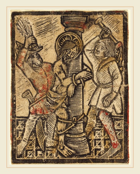German 15th Century, The Flagellation, 1470-1480, metalcut, hand-colored in red and yellow