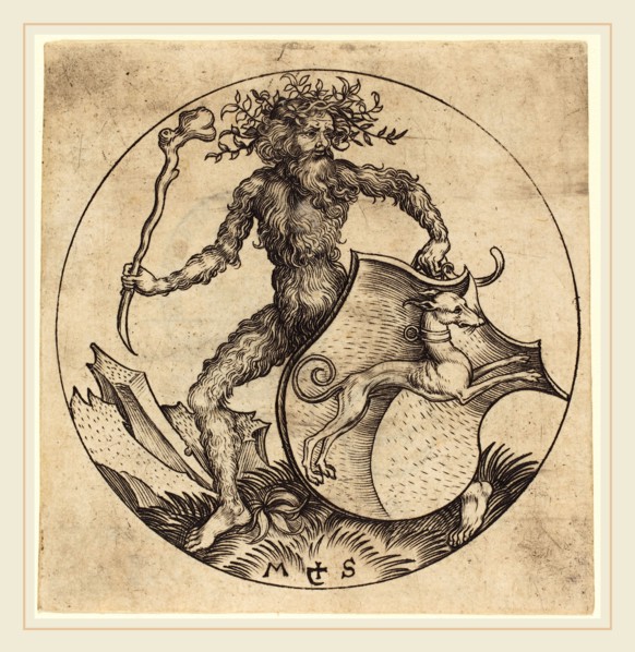 Martin Schongauer (German, c. 1450-1491), Wild Man Holding a Shield with a Greyhound, c. 1480-1490,