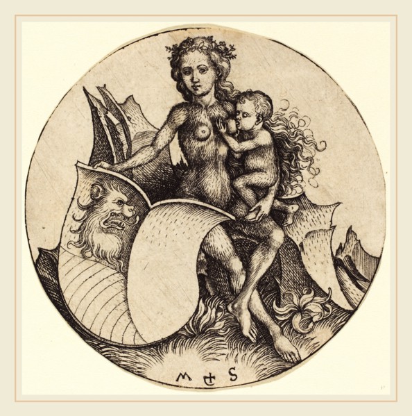 Martin Schongauer (German, c. 1450-1491), Shield with Lion's Head, Held by Wild Woman, c.
