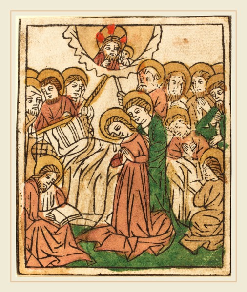 German 15th Century, The Death of the Virgin, c. 1460, woodcut, hand-colored in carmine, brown,
