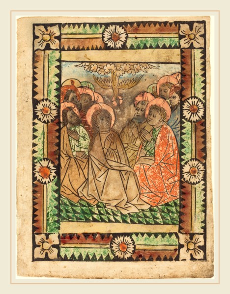 German 15th Century, The Descent of the Holy Ghost, c. 1450, woodcut, hand-colored in tan, brown,
