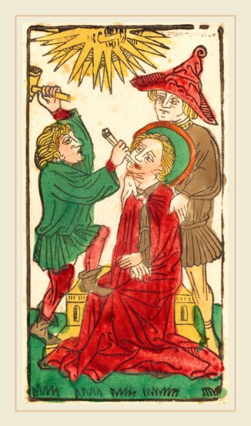 German 15th Century, Saint Apollonia, c. 1450, woodcut, hand-colored in red lake, green, yellow,