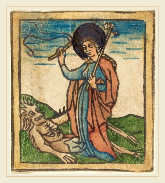 German 15th Century, Saint Juliana, c. 1460, woodcut, hand-colored in blue, green, rose, brown,
