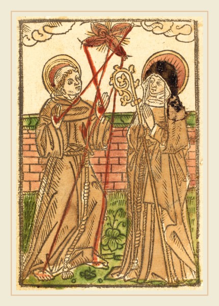 German 15th Century, Saint Francis and Saint Clara, c. 1480, woodcut, hand-colored in brown, rose,