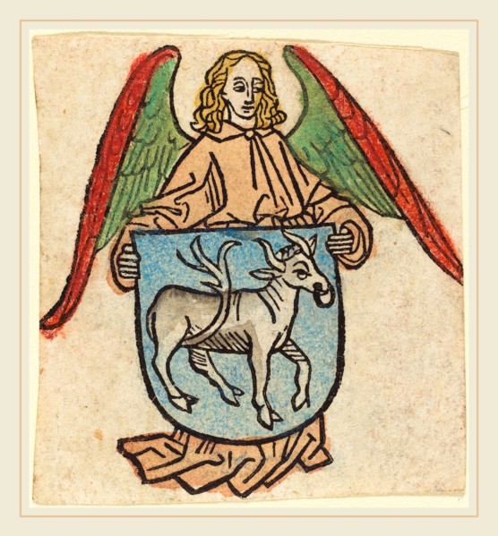 German 15th Century, Bookplate of Hilprand Brandenburg of Bibrach, c. 1475, woodcut, hand-colored
