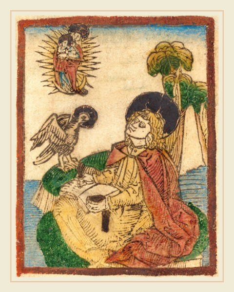 German 15th Century, Saint John on the Island of Patmos, 1480-1490, woodcut in brown, hand-colored