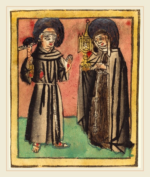 German 15th Century, Saint Francis and Saint Clara, 1450-1470, woodcut, hand-colored in rose, red,
