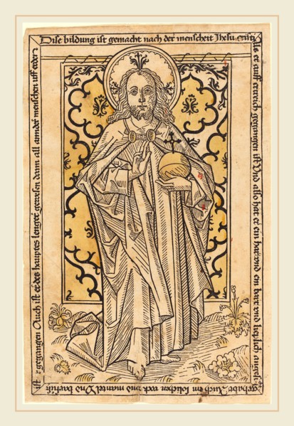 German 15th Century, Christ as Salvator Mundi, c. 1470, woodcut, hand-colored in yellow and red