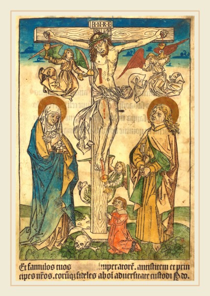 German 15th Century, Christ on the Cross with Angels, c. 1490, woodcut, hand-colored in blue,
