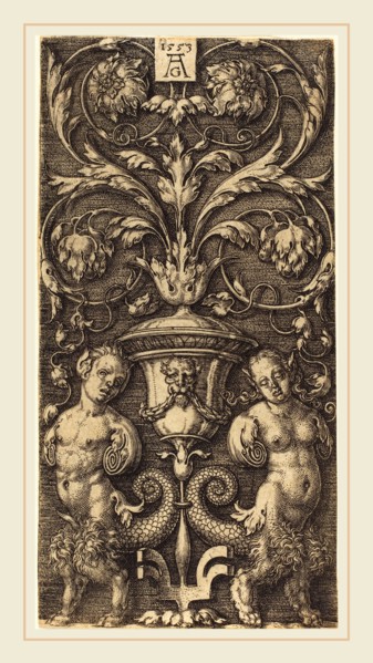 Heinrich Aldegrever (German, 1502-1555-1561), Ornament with Vase and Two Female Figures, 1553,