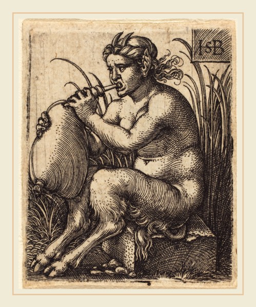 Sebald Beham (German, 1500-1550), Satyr Woman Playing Bagpipe, engraving