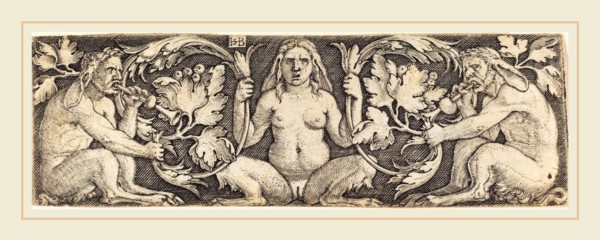 Sebald Beham (German, 1500-1550), Ornament with Three Satyrs, engraving