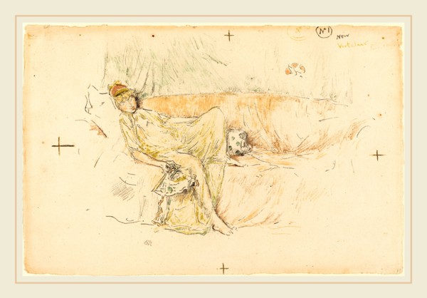 James McNeill Whistler, Draped Figure Reclining, American, 1834-1903, color lithograph
