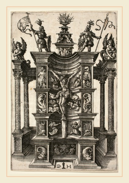 Daniel Hopfer I (German, c. 1470-1536), The Crucified Christ in a Decorated Niche, etching on laid