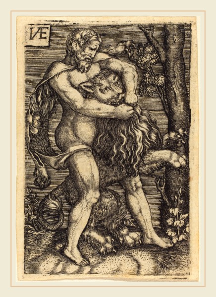 Master HVE (German, active 16th century), Hercules Killing the Lion, engraving