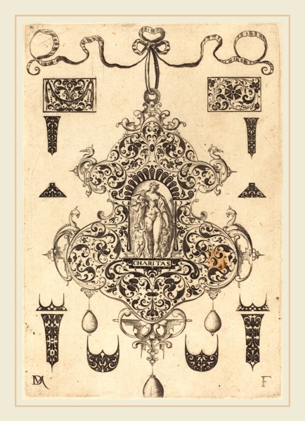 Daniel Mignot (German, active 1593-1596), Large Pendant, Charity Standing at Centre, 1593,