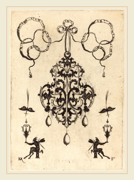 Daniel Mignot (German, active 1593-1596), Large Pendant, Lower Left and Right Two Winged "Devils"